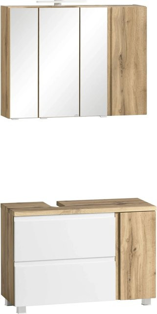 Held Möbel Ancona 2-tlg Badezimmer-Set mit Unterbecken-Schrank und Spiegelschrank in Mattweiß-Wotaneiche, Breite: 85 cm - Bild 1
