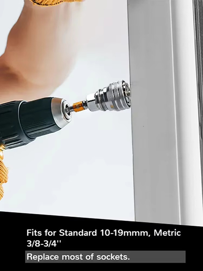 The Drill Magic Universal-Steckschlüsselsatz mit Pleuel und Bohrer-Adapter, verstellbare Hülse für 3/8 bis 3/4 Zoll, 10–19 mm, Farbe Silber - Bild 4