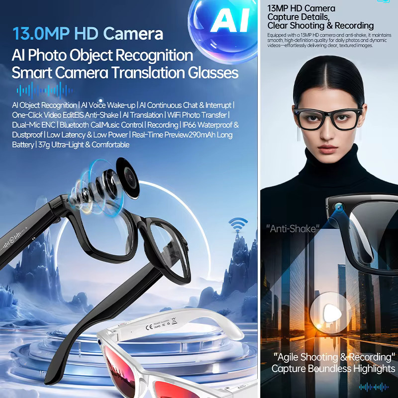 Yaocx KI-Smart-Brille in Schwarz mit 13MP-Kamera, Videoaufnahme, KI-Fotoerkennung, Bluetooth-Anruffunktion, Musikwiedergabe und Blaulichtfilter - Bild 2