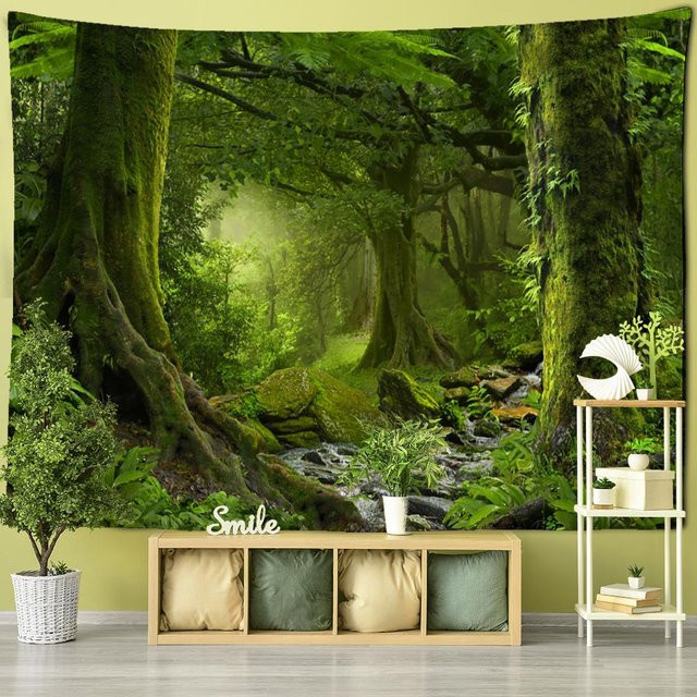 Wandteppich Super Six mit Waldlandschaft und Baum im Boho-Stil, Farbe Grün, B x H: 200 x 150 cm - Bild 1