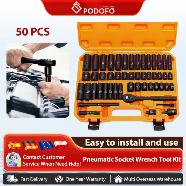 Podofo 50-teiliges Getriebe-Schlaghülsen-Set mit Adapter, Ratschengriff, Schaft und Verlängerungsstange - Bild 1