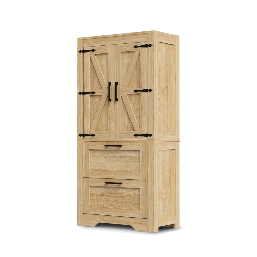 Merax Küchenschrank im Landhausstil aus Naturholz in Braun mit 2 Schubladen und Scheunentor-Türen, B/T/H: 76,0 x 128,0 x 30,0 cm - Bild 2