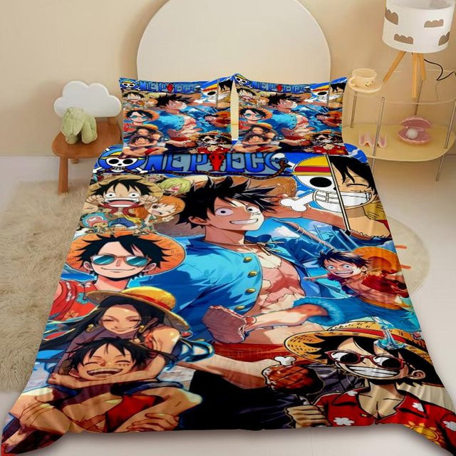 Luffy One Piece Anime Kinder-Bettwäsche-Set aus Mikrofaser in Blau, bestehend aus Bettbezug und Kissenbezug, B/H: 135 x 200 cm - Bild 1