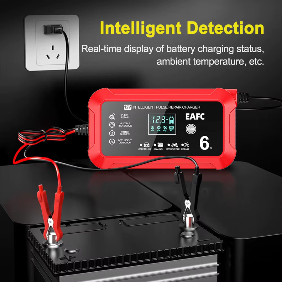 EAFC Intelligentes Impuls-Reparatur-Ladegerät 12V 6A in Rot mit LCD-Display und 6 Schutzfunktionen für Auto, Motorrad sowie AGM/GEL-Batterien - Bild 5