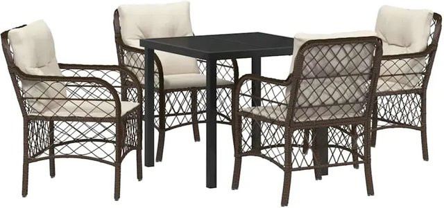 vidaXL Garten Essgruppe aus Poly Rattan in Braun, 5-teilig mit Kissen, Glasplatte und Stahlgestell - Bild 1