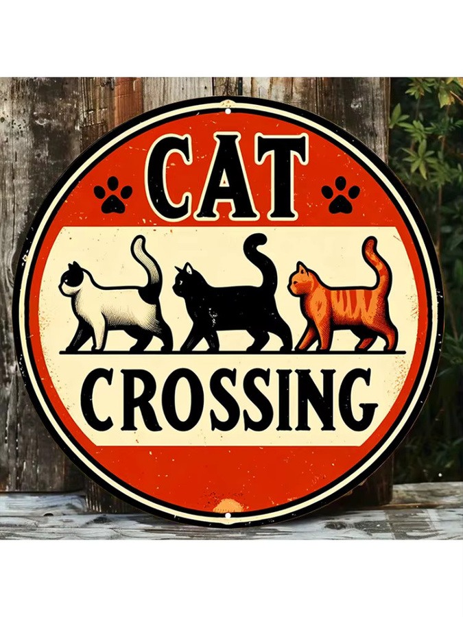 Potdemiel Retro Cat Crossing Vintage Metallschild aus Aluminium, rund, Mehrfarbig, Durchmesser: 20 cm - Bild 6