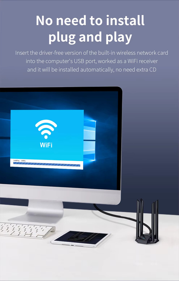 Comfast Free-Drive Dualband WLAN-Adapter mit 1300 MBit/s, Micro USB 3.0 Wireless-Netzwerkkarte, 4 x 6dBi-Antennen, Schwarz - Bild 4