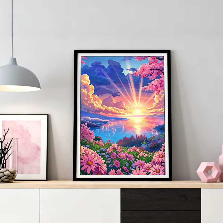 HUACAN Diamant-Mosaik-Set Gänseblümchen-Blume Sonnenuntergang Natur Landschaft Wanddekoration in Mehrfarbig mit runden und quadratischen Bohrern - Bild 2