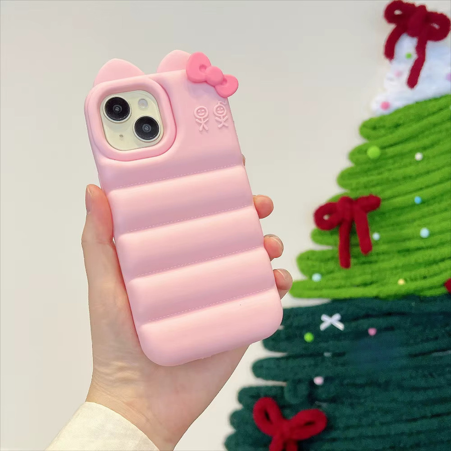 Niedliche 3D Kätzchen-Schleife Silikon-Handyhülle für Apple iPhone 13 14 15 16 17 Pro Max stoßfest und weich - Bild 1