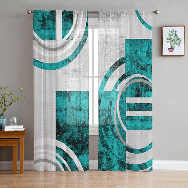 Transparente Tüll-Voile-Vorhänge mit abstraktem Retro-Geometrie-Marmor-Muster in Grün und Blau, Breite: 135 cm, Höhe: 115 cm - Bild 1