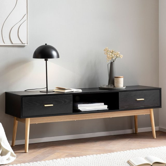 FineBuy Lowboard TV Schrank in Schwarz und Eiche mit Schubladen, Breite: 150 cm, Tiefe: 50 cm, Höhe: 40 cm - Bild 1