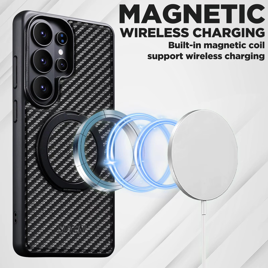 SUTENI Handyhülle aus Kunstleder mit Magnet für kabelloses Laden und 360 Grad drehbarem Ständer mit Ringschnalle für Samsung Galaxy S26 Ultra, S25, S24, S23 in Schwarz - Bild 4
