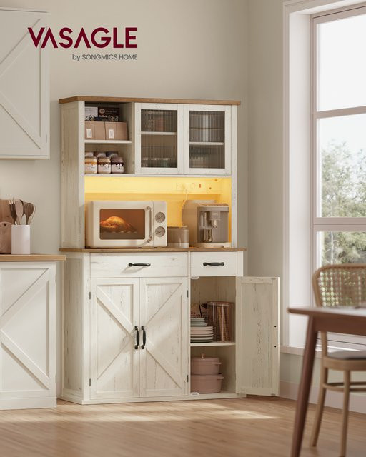 VASAGLE Sideboard in Weiß mit integrierter Beleuchtung und Ladestation, Küchenschrank mit Türen und Schubladen aus Holz in Mattoptik - Bild 1