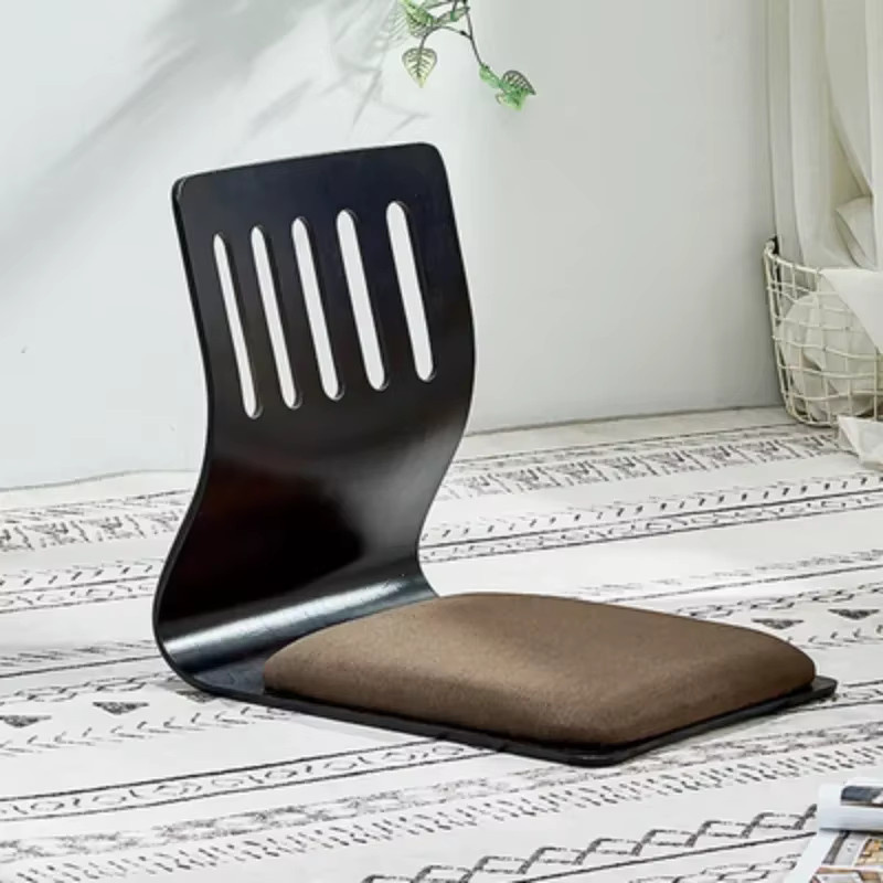 LIUSHADUOLA Japanischer Zaisu Bodenstuhl aus Holz und Stoff für Wohnzimmer und Kotatsu, Schwarz/Braun, Matt - Bild 2