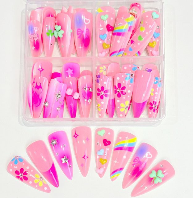 HotPress Press-On-Nägel Stiletto, 96 Stück, rosa, Herz-Blumen-Design, glänzend - Bild 1