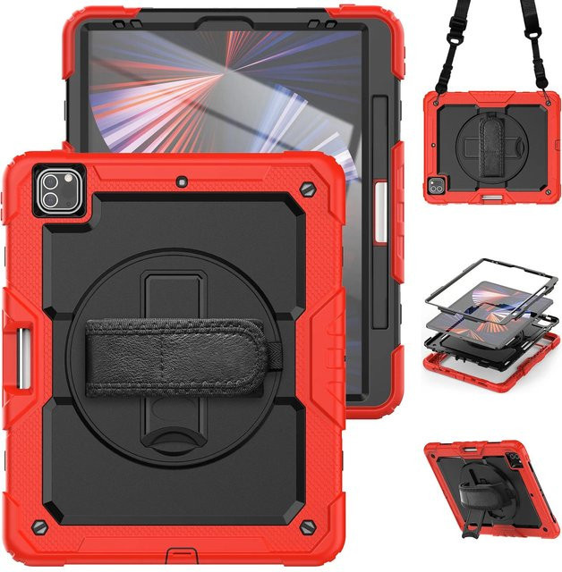 Stoßfeste Schutzhülle für Apple iPad Pro 11 und 12.9/13 Zoll sowie iPad Air 11/10.9 Zoll mit PET-Bildschirmschutz und Trageriemen in Rot - Bild 1