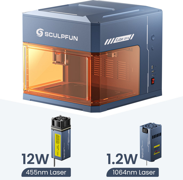 Sculpfun iCube Ultra Dual-Lasergravierer mit 12W Diode und 1,2W Infrarot-Doppellaser, Autofokus und integrierter Luftfiltration - Bild 1
