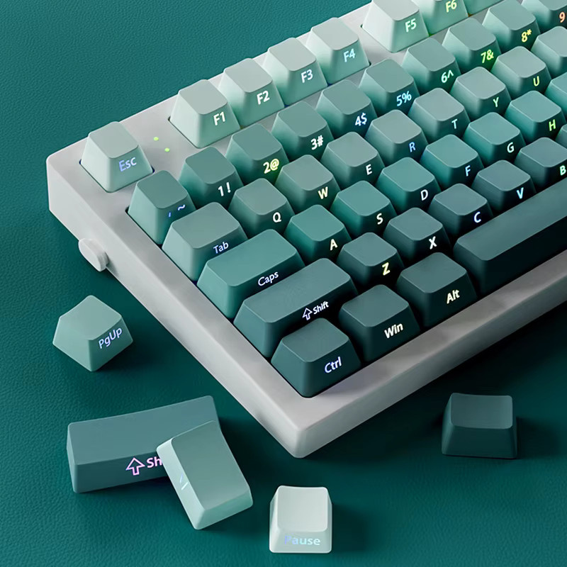 FSWHBY 135-Tasten-Tastenkappen im Farbverlauf mit grünem Glanz, seitlich bedruckte PBT-Double-Shot-Tastenkappen im OEM-Profil für MX-Switches, Multicolour - Bild 2