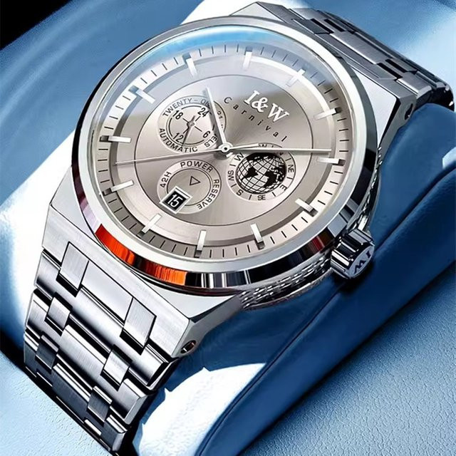 KARNEVAL Armbanduhr Automatik, Edelstahl, Silber, Leder, Herren - Bild 1