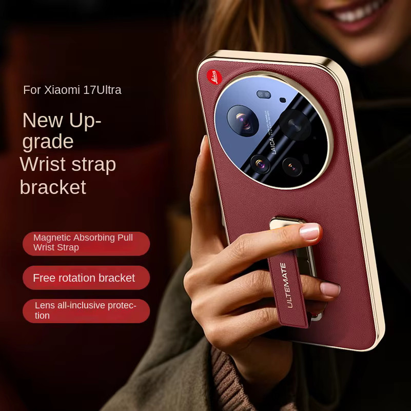 Xiaomi 17 Ultra Schutzhülle mit Lederarmband und Metallständer in Weiß - Bild 2