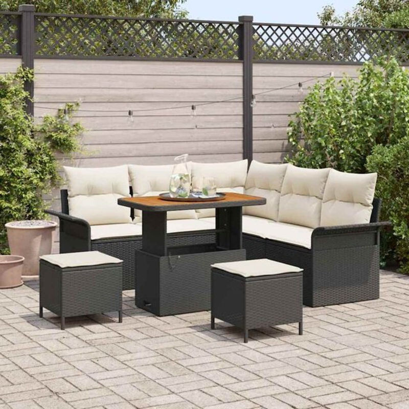 Vidaxl Polyrattan Garten-Sofa-Set mit 8 Teilen und Kissen in Schwarz und Creme, Modernes Loungemöbel-Set aus Polyrattan und Akazie, B/T/H: 90 x 55 x 71 cm - Bild 1