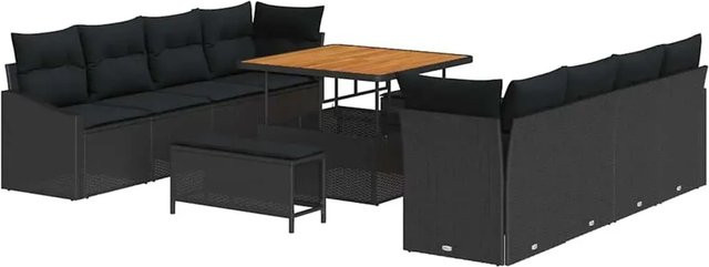 vidaXL 11-teiliges Garten-Sofaset in U-Form aus schwarzem Poly-Rattan und Akazie mit Kissen und abnehmbaren Bezügen - Bild 1