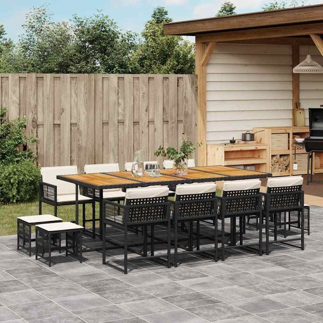 vidaXL 13-teilige Garten-Essgruppe aus Poly Rattan mit Kissen und Akazienholz in Schwarz, Braun und Cremeweiß - Bild 3