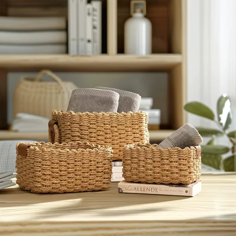 Dekorativer Aufbewahrungskorb aus Papierseil mit Griffen in Beige, B/T/H: 13 x 13 x 26 cm - Bild 4