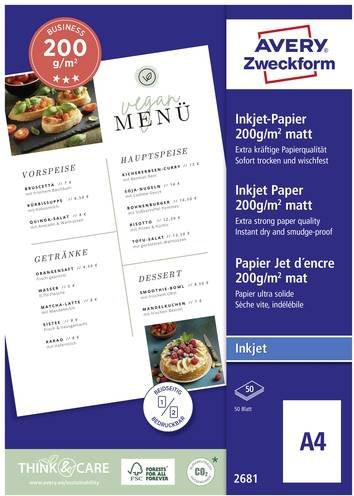 Avery Zweckform 2681 Inkjet Druckerpapier DIN A4, 200 g/m², 50 Blatt, weiß und matt - Bild 1