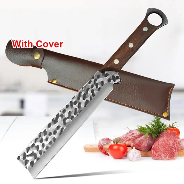 InLeung Handgeschmiedetes Hackmesser Cleaver aus Silber mit Holzgriff und Schutzhülle zum Schneiden von Fleisch und Gemüse - Bild 1