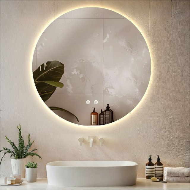 tectake Aurora Runder LED Badezimmerspiegel in Weiß mit Touchbedienung, dimmbarer Beleuchtung und Spiegelheizung, Durchmesser: 80 cm, Tiefe: 3,5 cm - Bild 1
