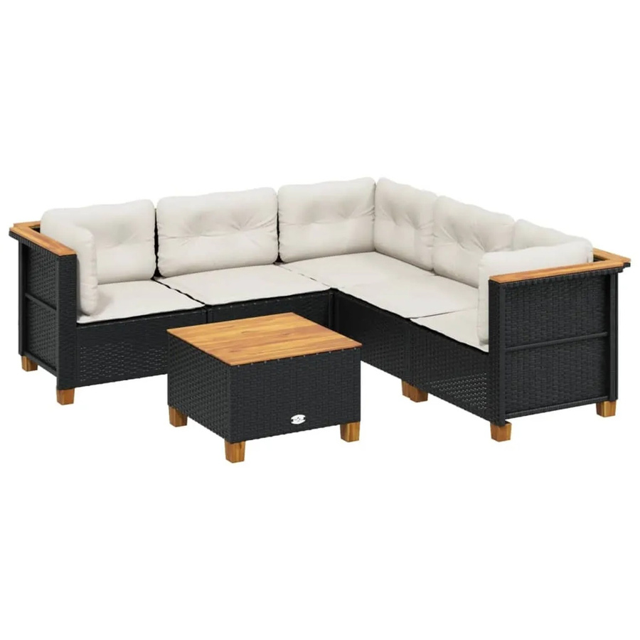 vidaXL 6-tlg Garten-Sofagarnitur aus Poly-Rattan und Akazienholz in Schwarz mit cremeweißen Kissen - Bild 2