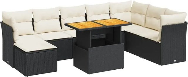 vidaXL 9-teilige Garten-Sofagarnitur aus Poly-Rattan und Akazienholz in Schwarz-Creme mit Kissen - Bild 1
