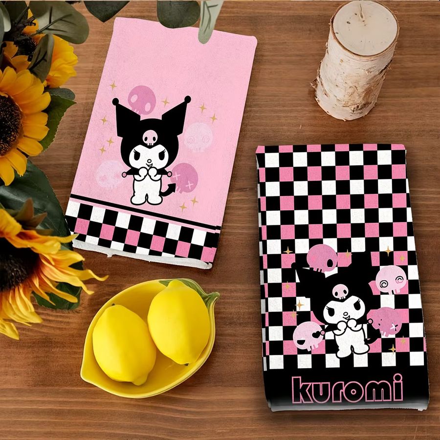Sanrio Kuromi Skull Checker Handtuch in Pink mit Cartoon-Print für dein Badezimmer - Bild 3