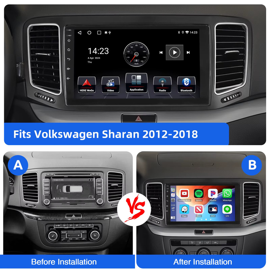 ESSGOO Android 15 Autoradio mit 9 Zoll Touchscreen, 4+64GB, CarPlay, GPS, Bluetooth und Mirror Link für VW Sharan 7N und Seat Alhambra II (2012-2018), Schwarz - Bild 3