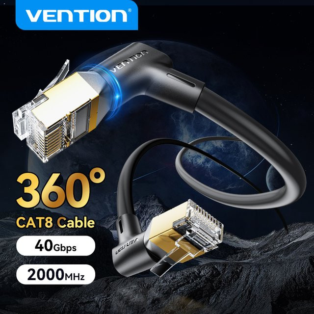 Vention CAT8 Ethernet LAN Kabel mit 360 Grad Drehkabel-Funktion, 40 Gbit/s, 2000 MHz, RJ45, Schwarz - Bild 1