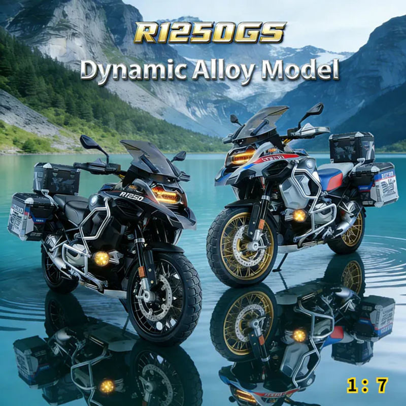 BMW R1250GS ADV Motorradmodell aus Metall im Maßstab 1:7 mit Sprühfunktion in Blau, Weiß und Mehrfarbig - Bild 1
