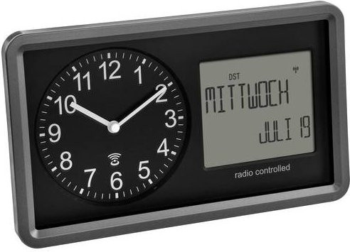 TFA Dostmann Funk Funkuhr Retro Schwarz mit Datumsanzeige und Beleuchtung B: 25,4 cm, H: 15,2 cm, T: 4,4 cm - Bild 1
