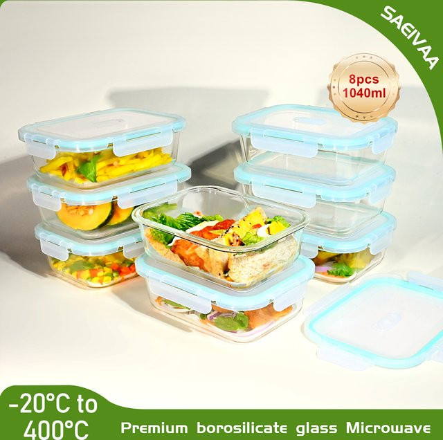 SAEIV 8-teiliges Set aus luftdichten Glas-Vorratsbehältern, transparent, 370 ml und 1040 ml, BPA-frei, mikrowellen- und spülmaschinenfest - Bild 1