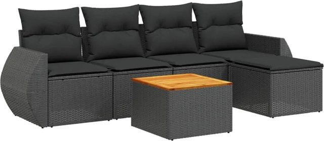 vidaXL 6-tlg Garten-Sofagarnitur in L-Form aus Poly Rattan und Metall in Schwarz mit Kissen und Polsterung - Bild 1