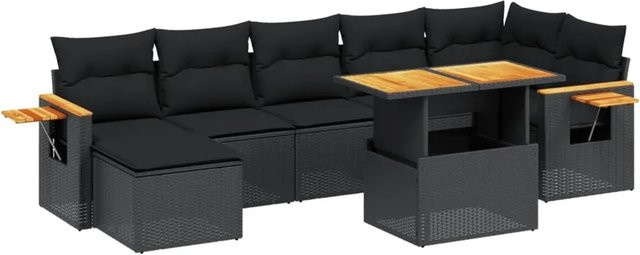 vidaXL 8-teilige Garten-Sofagarnitur aus Poly-Rattan und Akazienholz in Schwarz mit Kissen - Bild 1