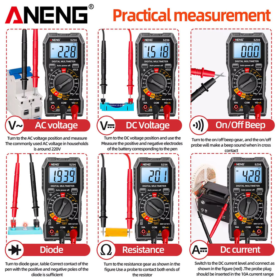ANENG SZ06 Digitalmultimeter in Schwarz mit 1999 Zählung, AC/DC Amperemeter, 600 V Voltmeter, Widerstandsmesser und Diodentest mit LCD-Hintergrundbeleuchtung - Bild 5