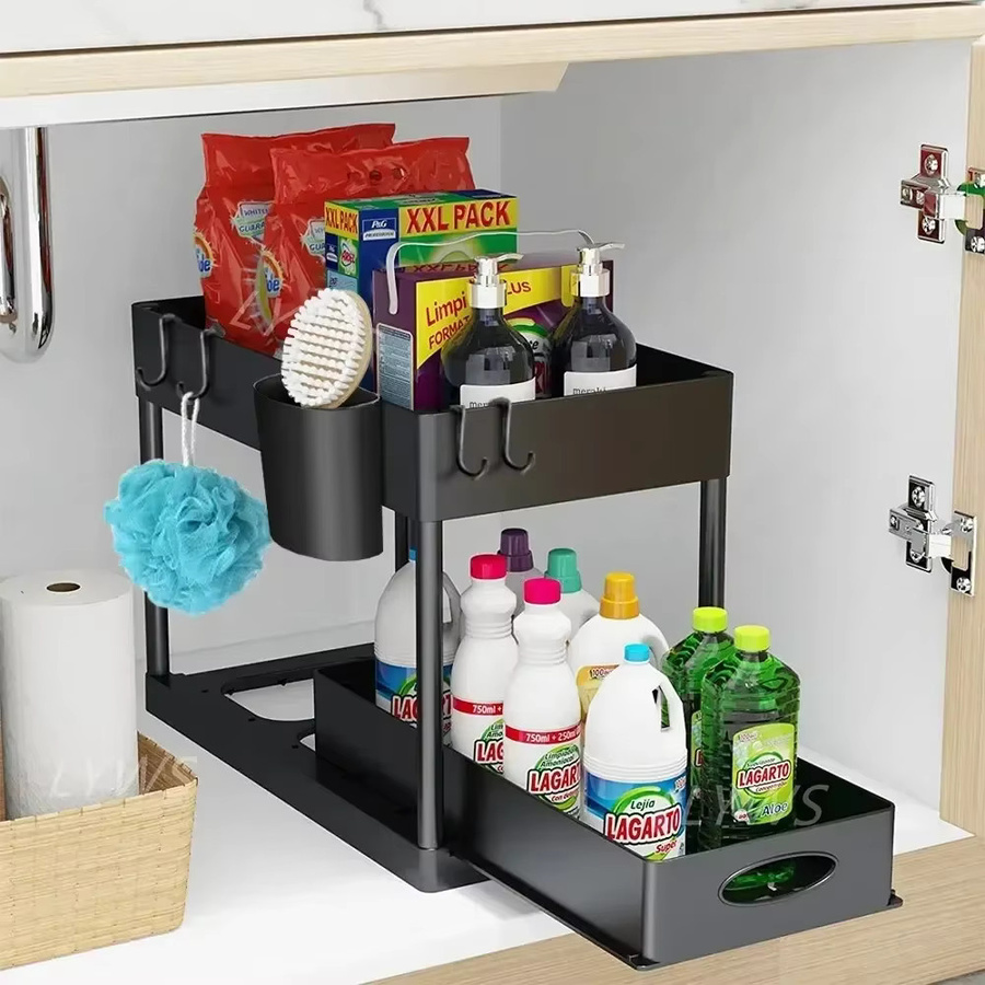 GENGSHENG 2-stufiger Organizer unter dem Waschbecken in Schwarz mit Haken und Aufbewahrungskorb für Badezimmer und Küche - Bild 4