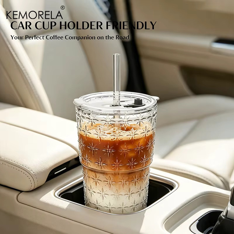 KEMORELA Funkelnde Stern-Glas-Kaffeetassen mit Deckel und Strohhalm, transparent, 590 ml - Bild 4