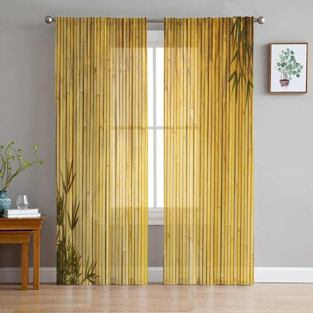 Yiran Furniture Transparente Voile Vorhänge im Shabby Chic Design mit Blumenmuster, Farbe: Gelb, B: 135 cm, H: 115 cm - Bild 1