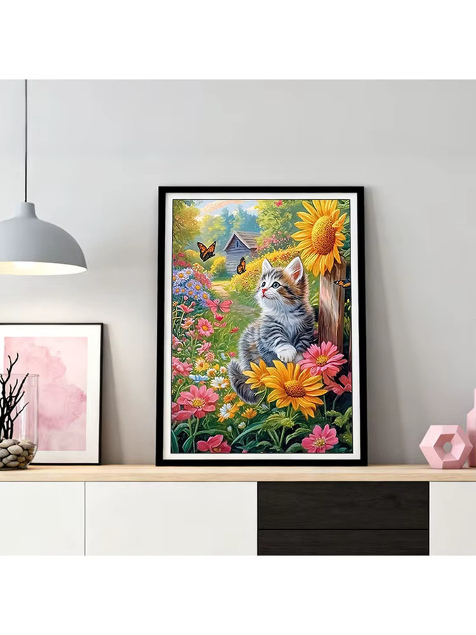 HUACAN Diamant-Mosaik Set Sonnenblume und Katze für Erwachsene, Florales Motiv in Multicolour, B/H: 30 x 20 cm - Bild 3