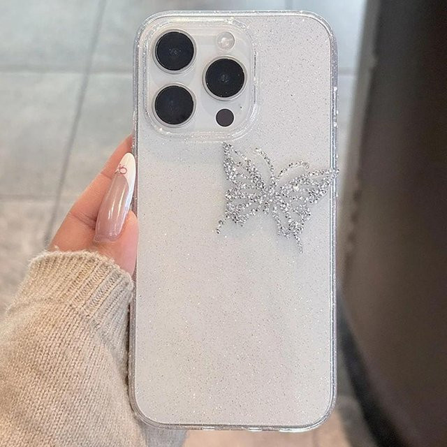 Yiran Bag Transparente Handyhülle mit 3D Strass Schmetterling und Glitzer in Silicon Gray für iPhone 16 15 14 13 12 11 Pro Max Plus Stoßfeste Bumper Rückseite - Bild 1