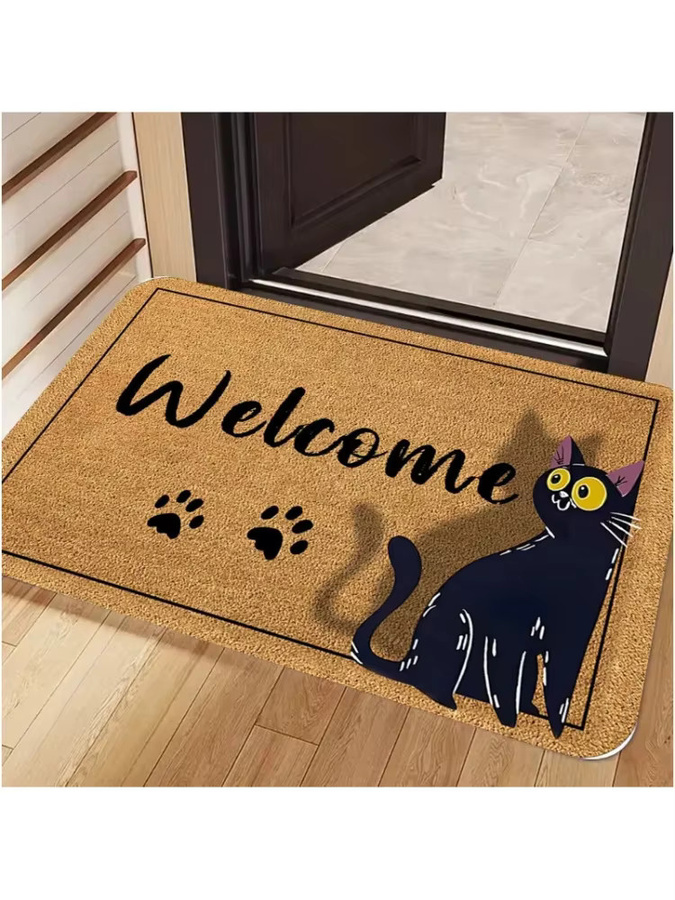 VIKAMA Welcome Fußmatte mit schwarzem Katzenpfoten-Print, rutschfest und waschbar, schwarz/mehrfarbig - Bild 2