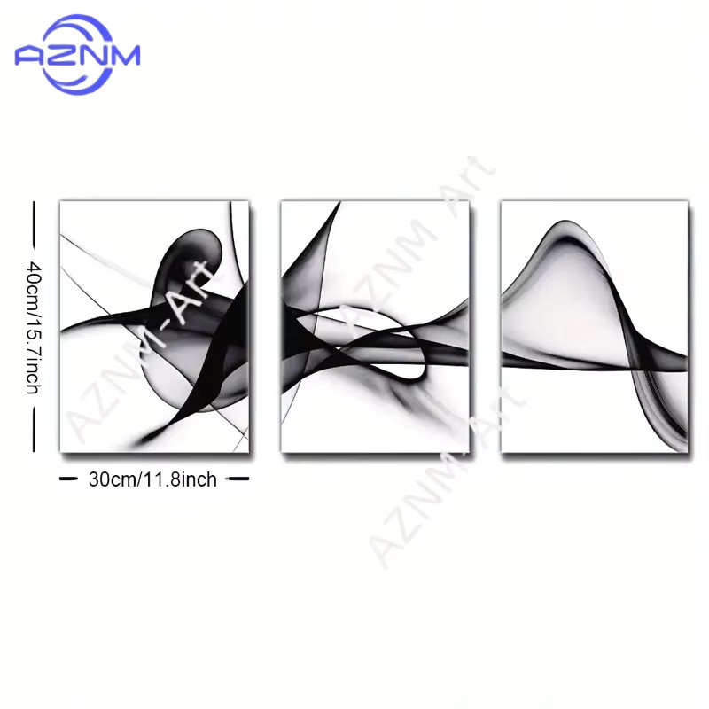 3-teiliges abstraktes Leinwand-Wandkunst-Set von AZNM in Schwarz-Weiß mit geometrischem Blättermotiv im minimalistischen Design ohne Rahmen - Bild 2