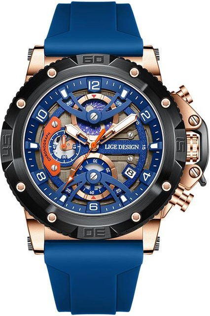LIGE Armbanduhr Quarz, Edelstahl, Silikon, Blau, Roségold, Herren - Bild 1